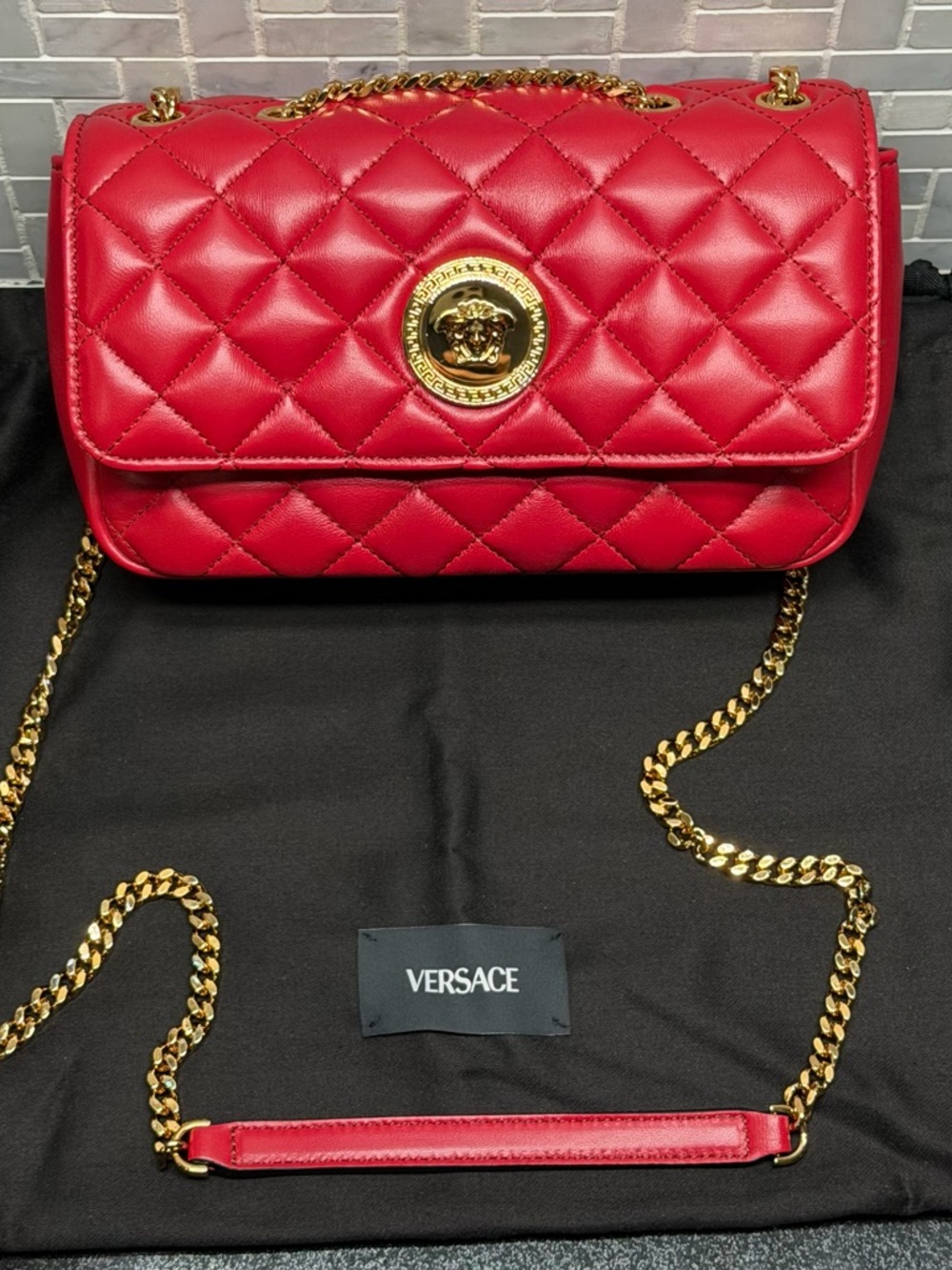 Versace Quilted Lamb Leather Medusa Shoulder Bag Dark Red Gold Chain New